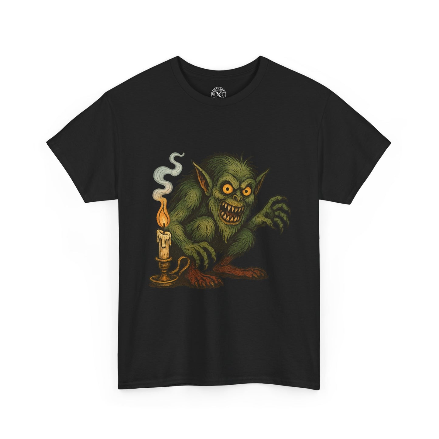 Nightlight Lurker tattoo-style illustration printed on black T-shirt featuring candle-holding creature
