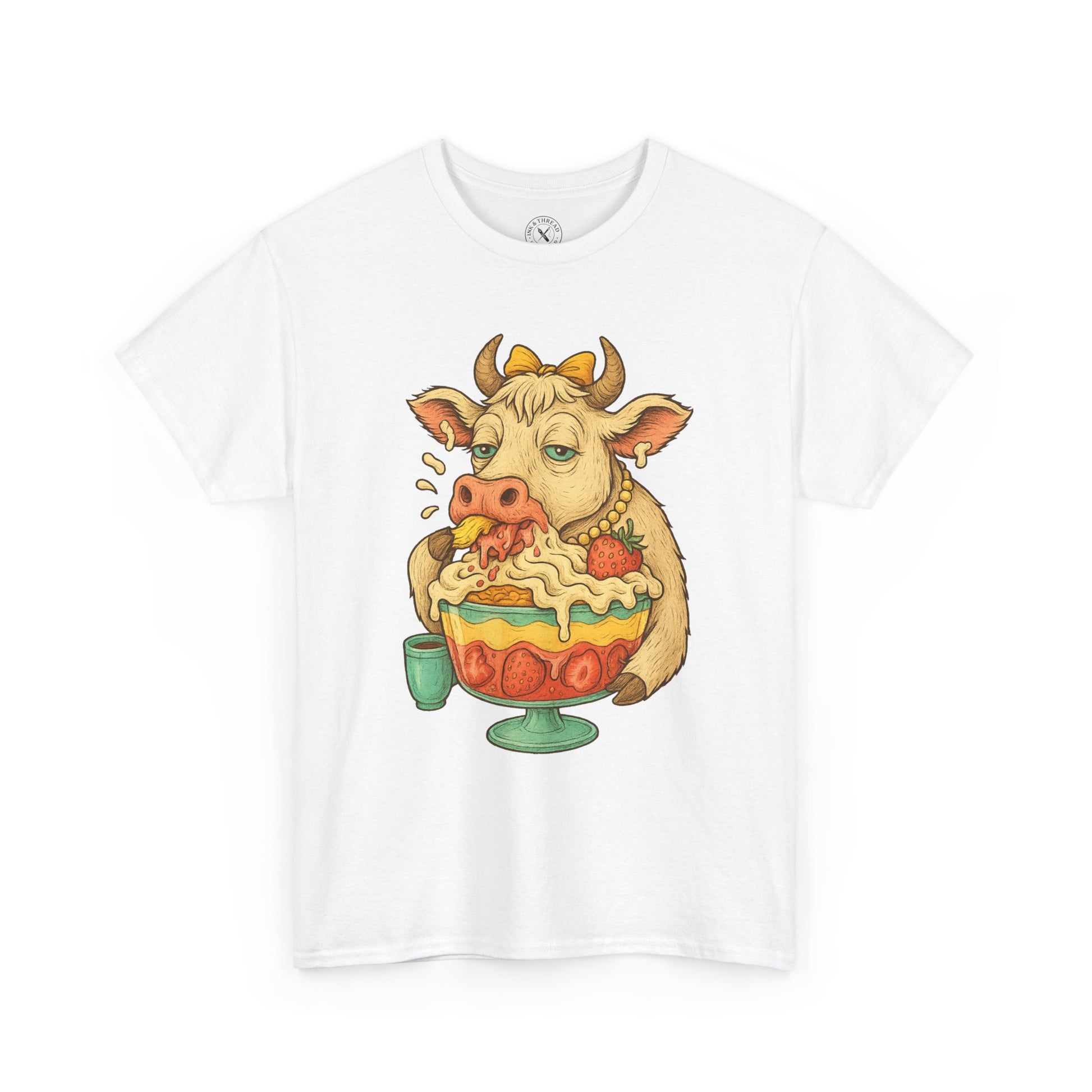 White t-shirt with a cow eating ice cream sundae graphic on a white background