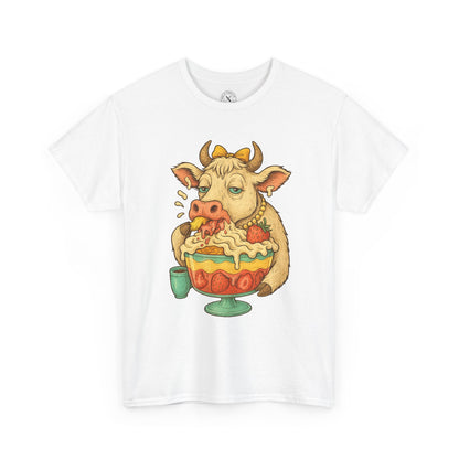 White t-shirt with a cow eating ice cream sundae graphic on a white background