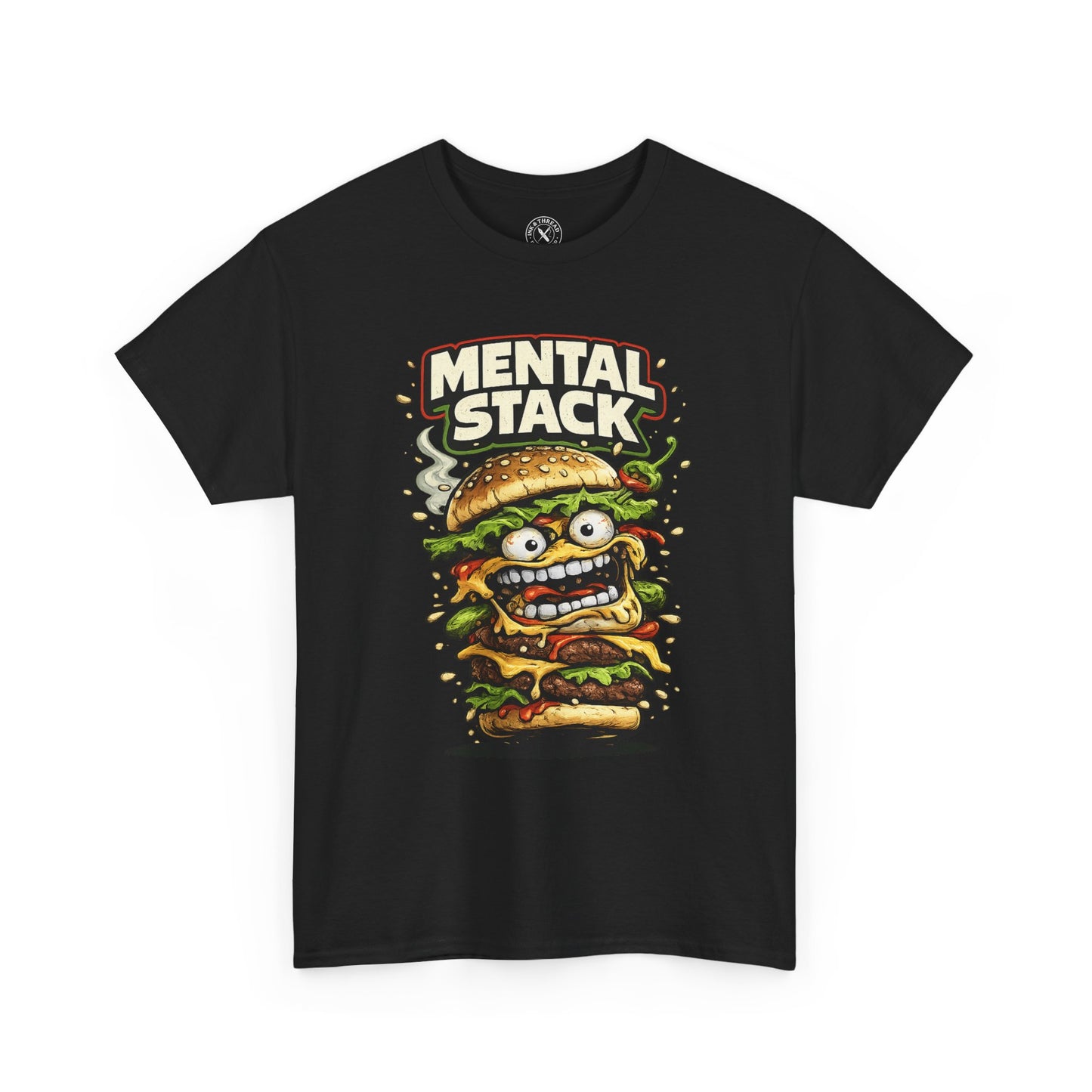 Black t-shirt with a graphic of a stacked burger with eyes and the text 'Mental Stack' on a white background.