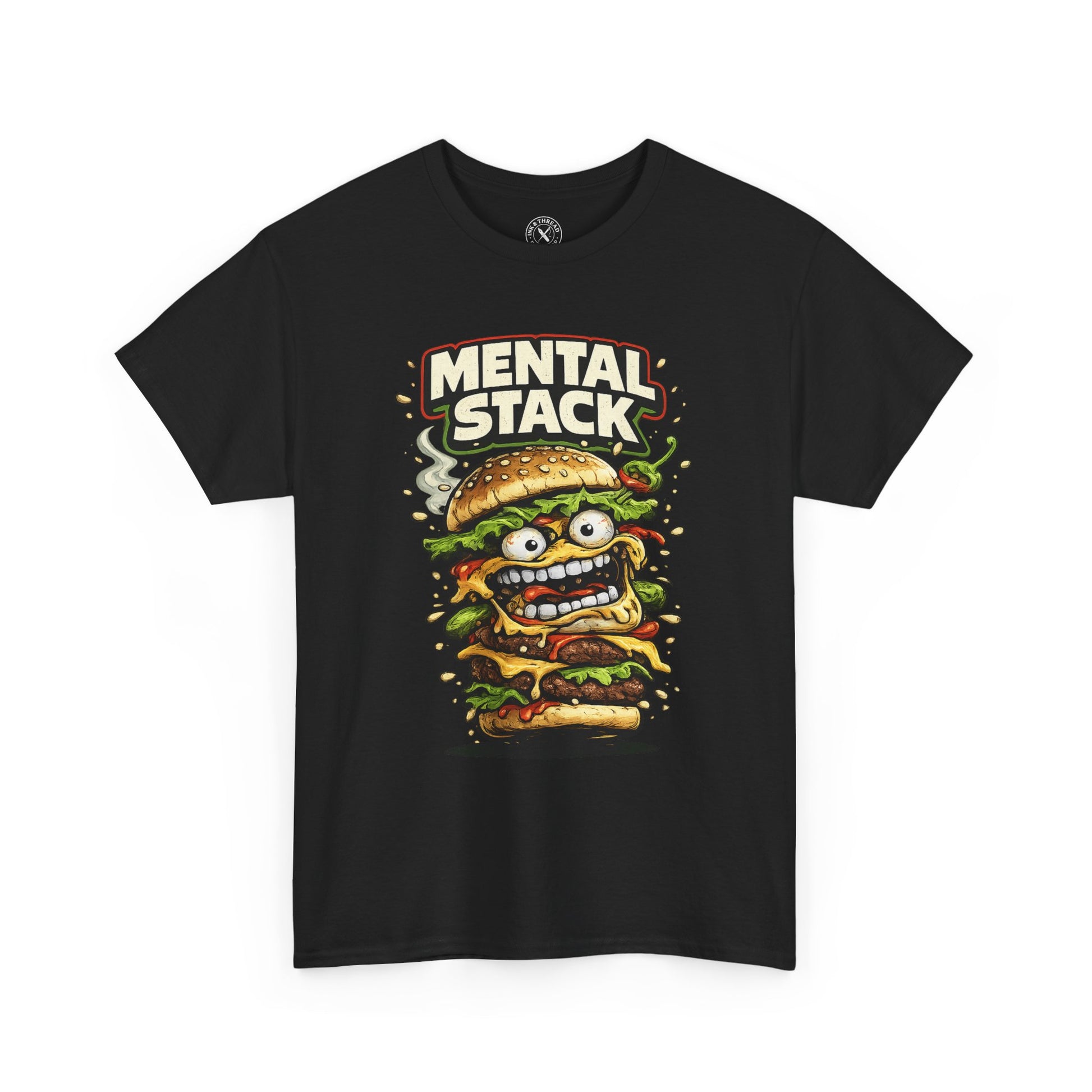 Black t-shirt with a graphic of a stacked burger with eyes and the text 'Mental Stack' on a white background.