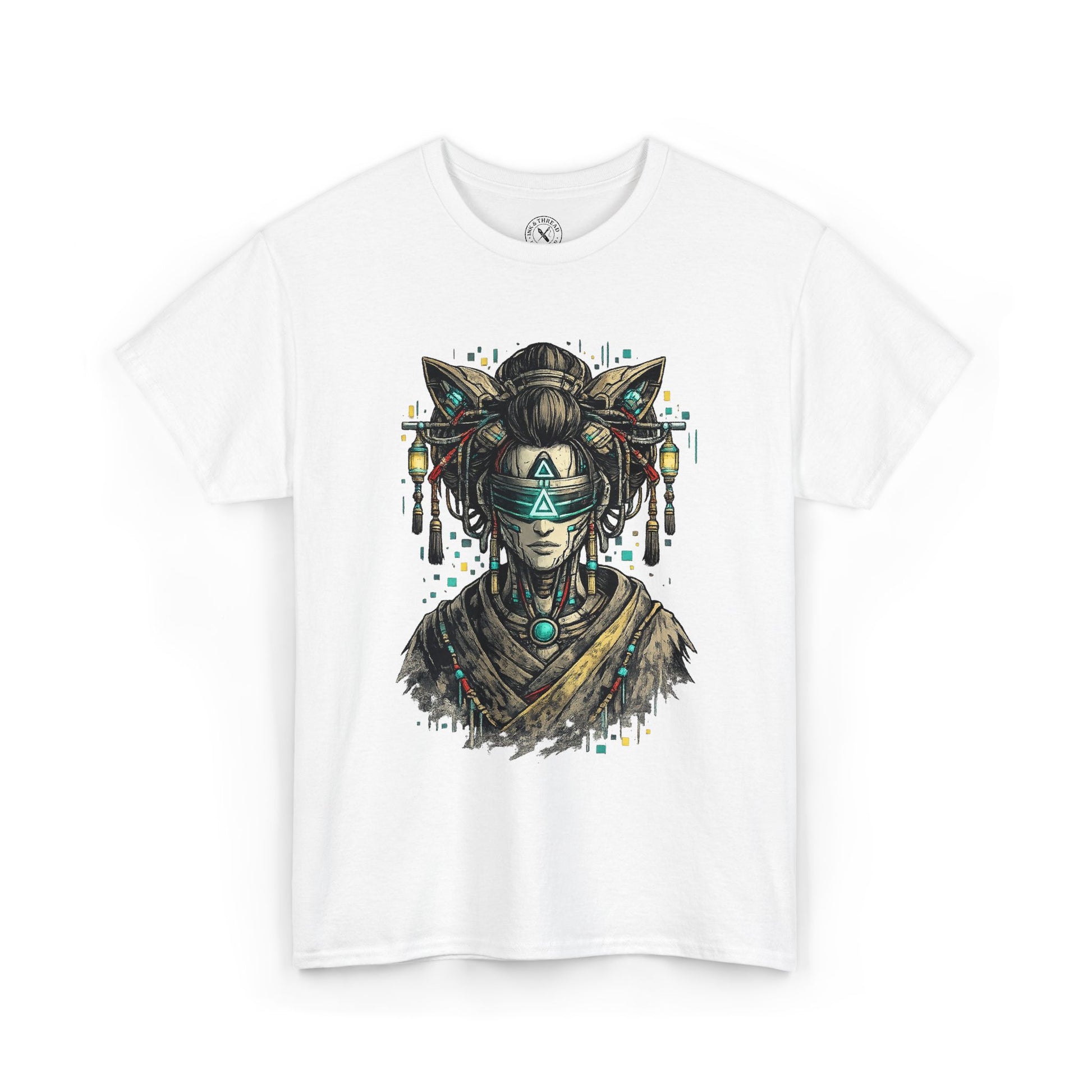 White t-shirt with a graphic design of a person wearing a headdress on a white background