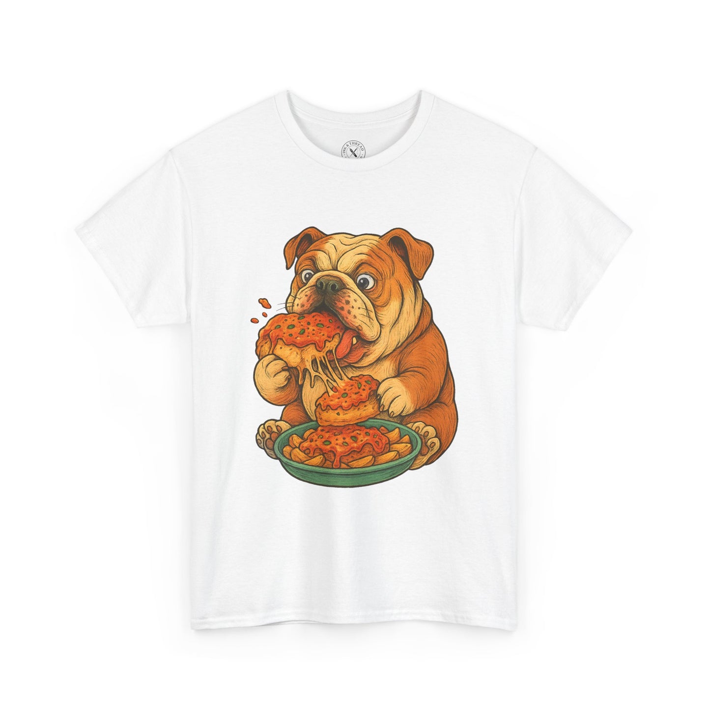 White t-shirt with a cartoon bulldog eating pizza design on a white background