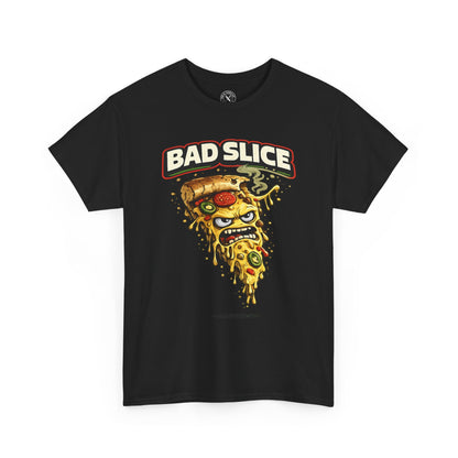 Black t-shirt with 'Bad Slice' pizza graphic design on a white background