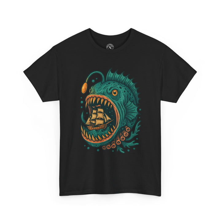 Black t-shirt with a colorful graphic of a fish with an open mouth and a ship inside, on a white background.