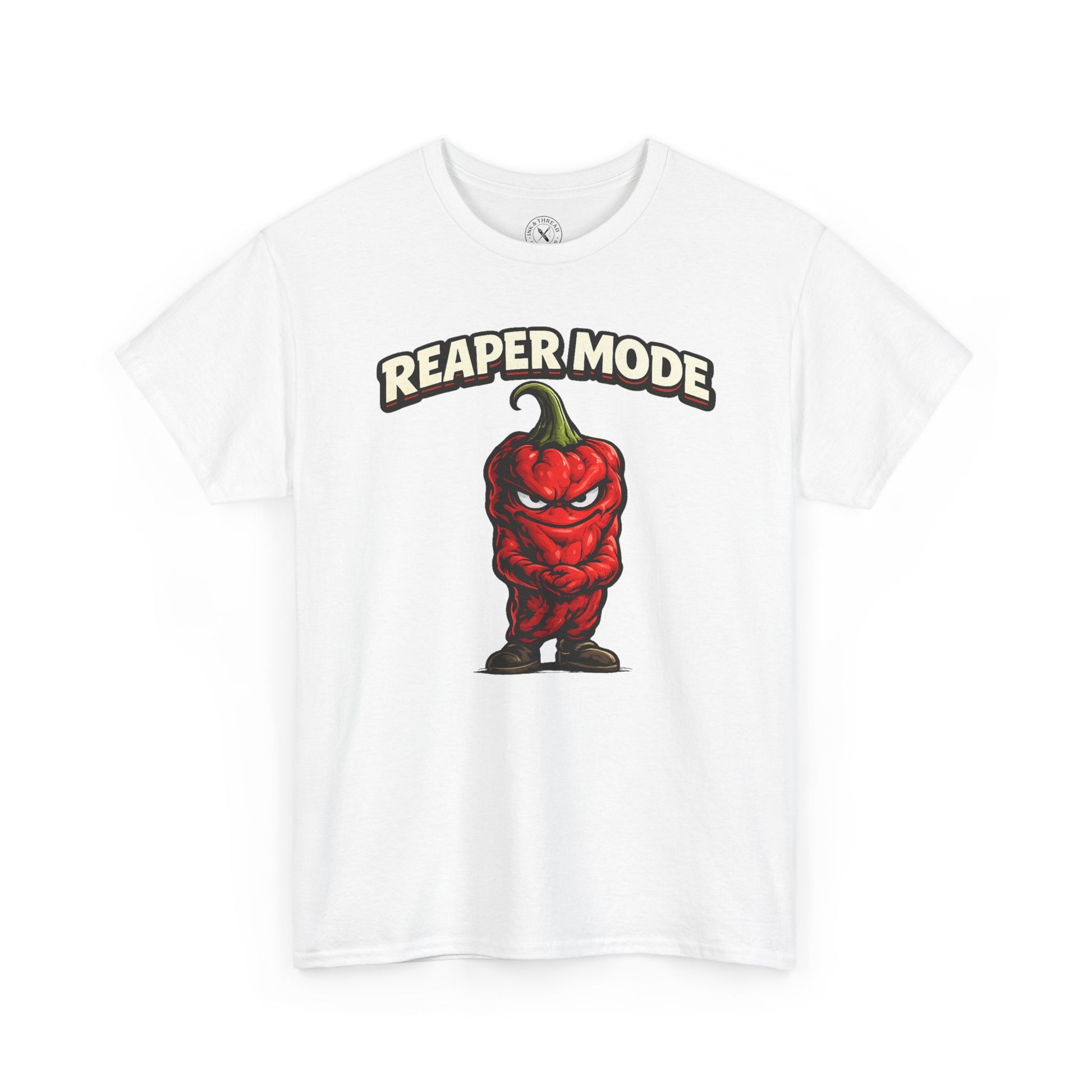 White t-shirt with a red pepper graphic and 'Reaper Mode' text on a white background