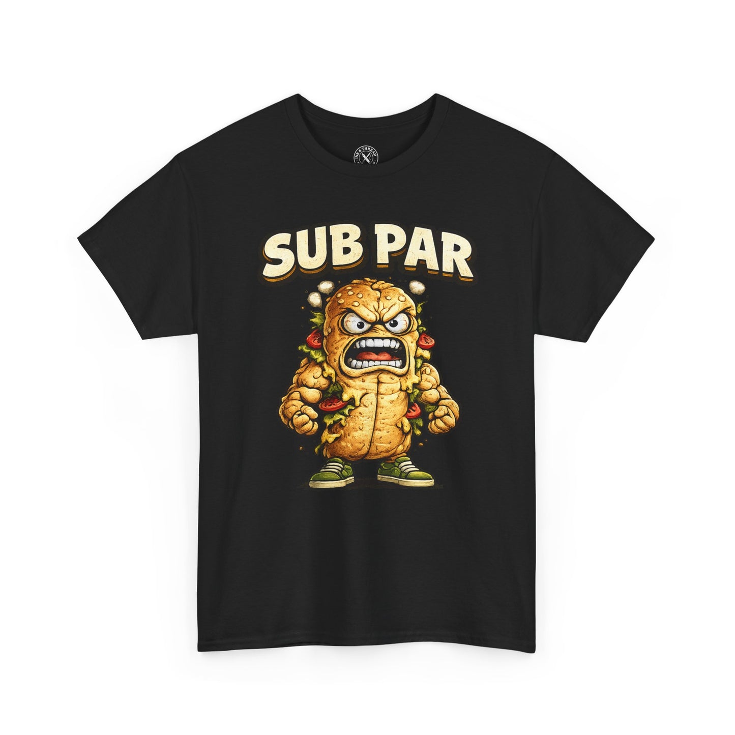 Black t-shirt with a cartoon character and 'SUB PAR' text on a white background