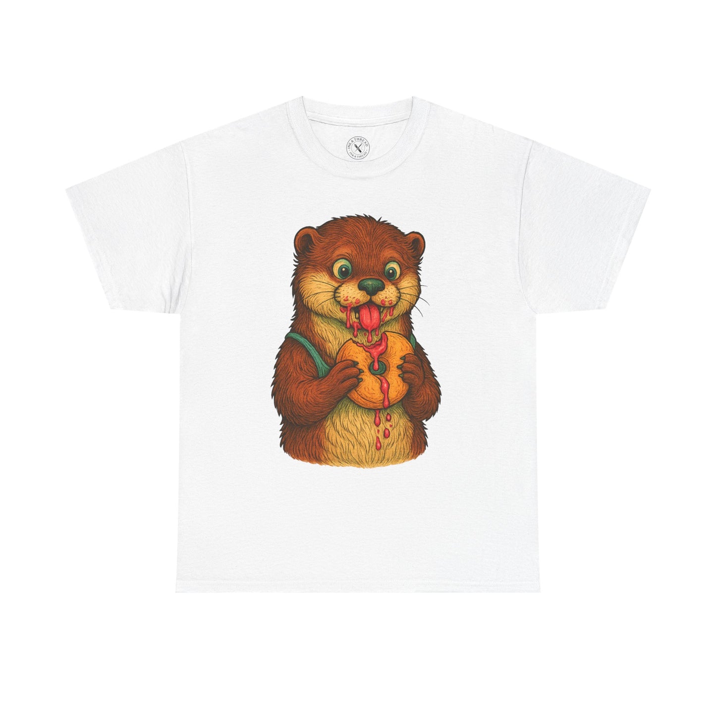 White t-shirt with a cartoon otter holding a fish design on a white background