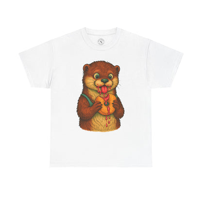 White t-shirt with a cartoon otter holding a fish design on a white background