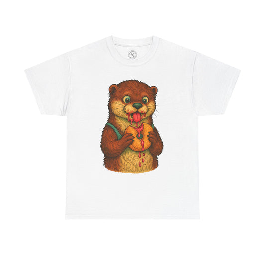 White t-shirt with a cartoon otter holding a fish design on a white background