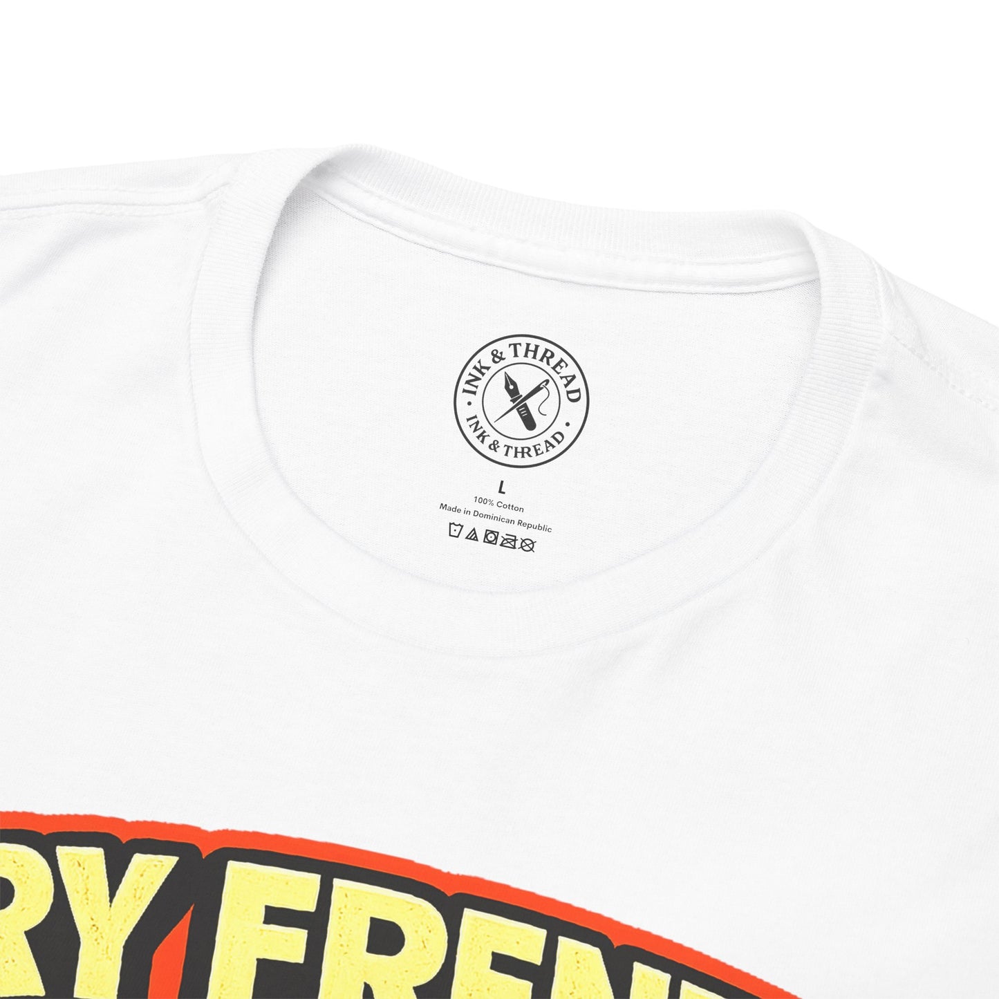 White t-shirt with a visible brand logo on a white background