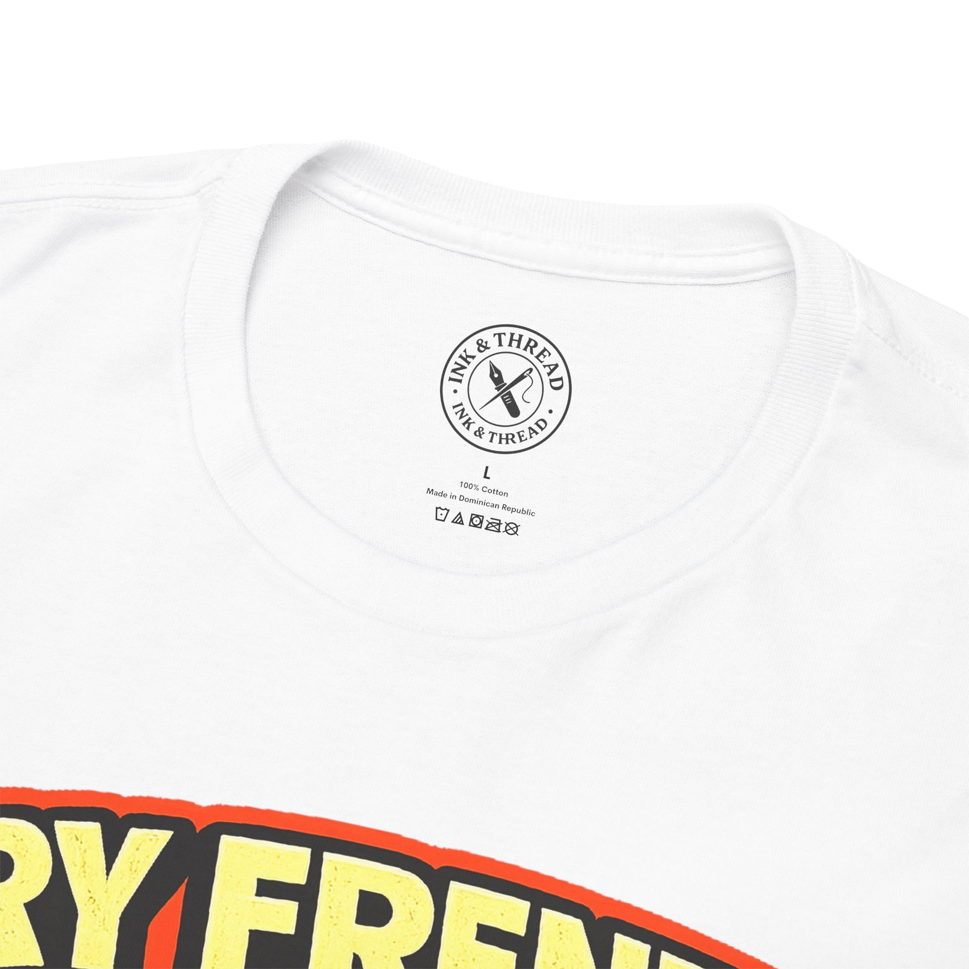 White t-shirt with a visible brand logo on a white background