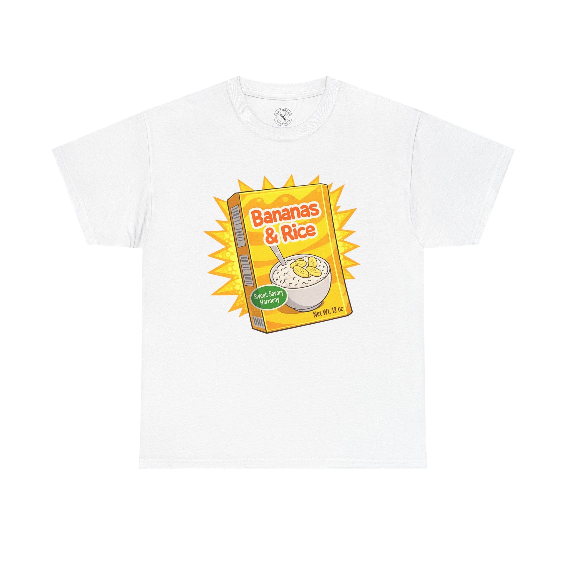 White t-shirt with a 'Bananas & Rice' cereal box graphic on a white background