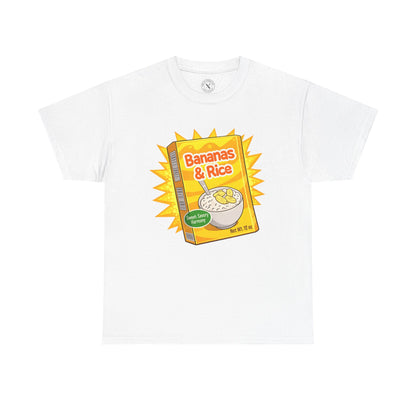 White t-shirt with a 'Bananas & Rice' cereal box graphic on a white background