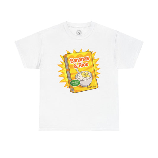 White t-shirt with a 'Bananas & Rice' cereal box graphic on a white background