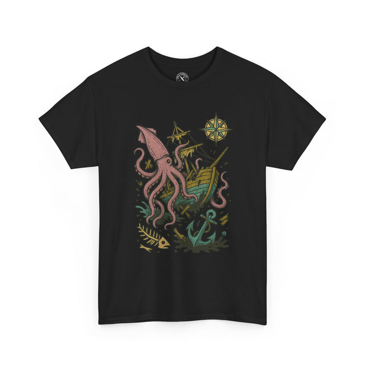 Black t-shirt with a colorful octopus design on a white background