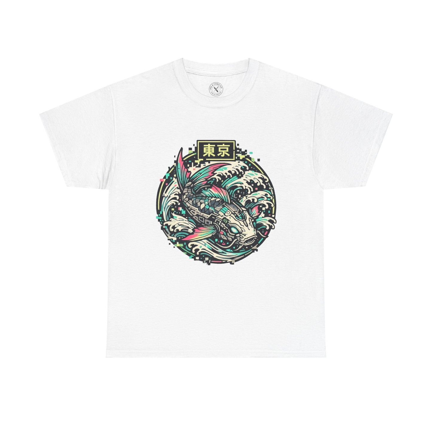 White t-shirt with a fish graphic and text on a white background