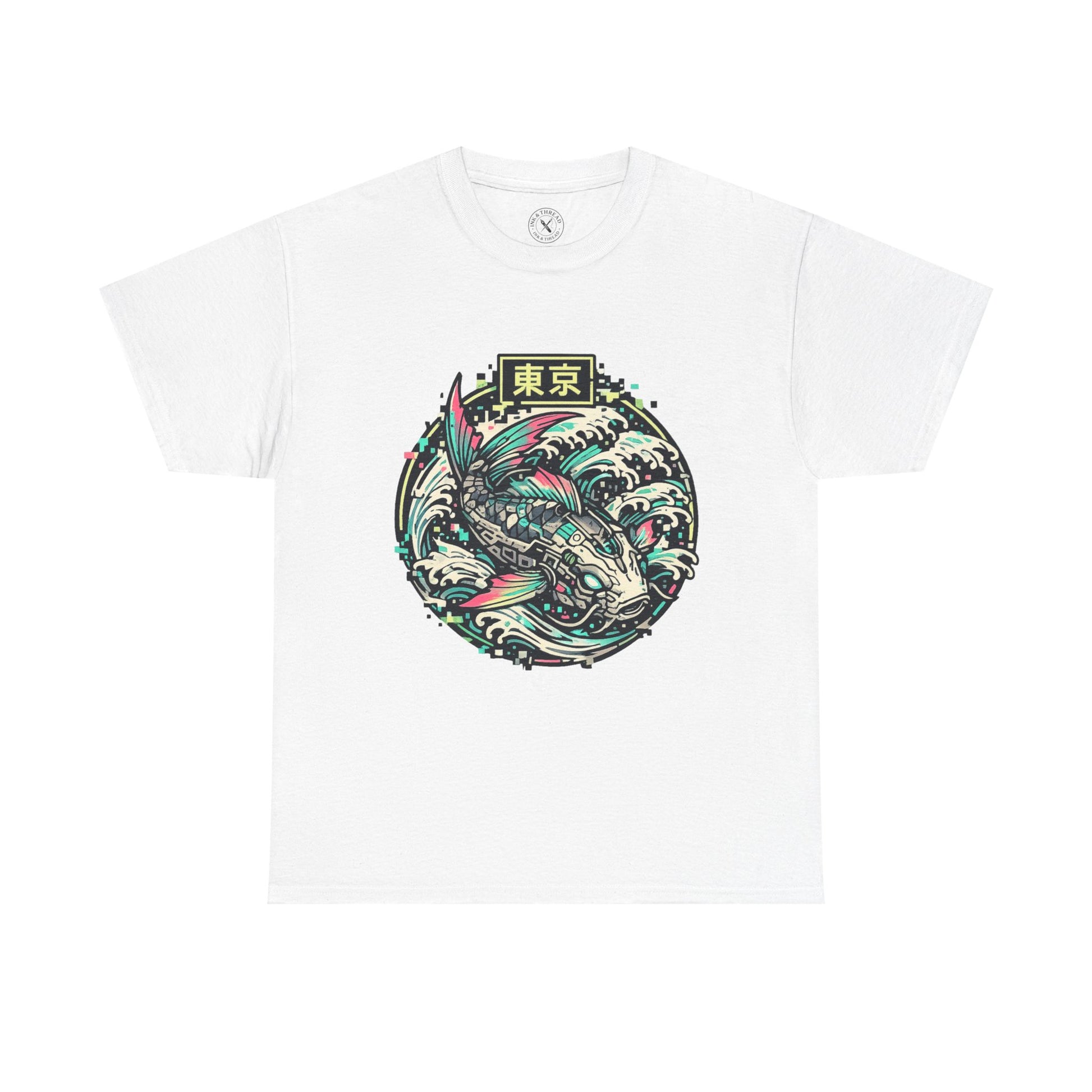 White t-shirt with a fish graphic and text on a white background