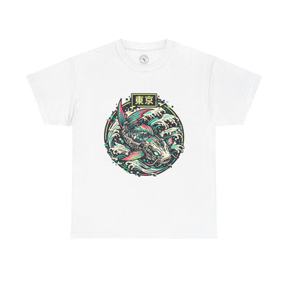 White t-shirt with a fish graphic and text on a white background
