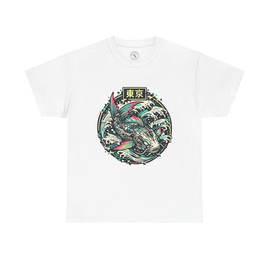 White t-shirt with a fish graphic and text on a white background