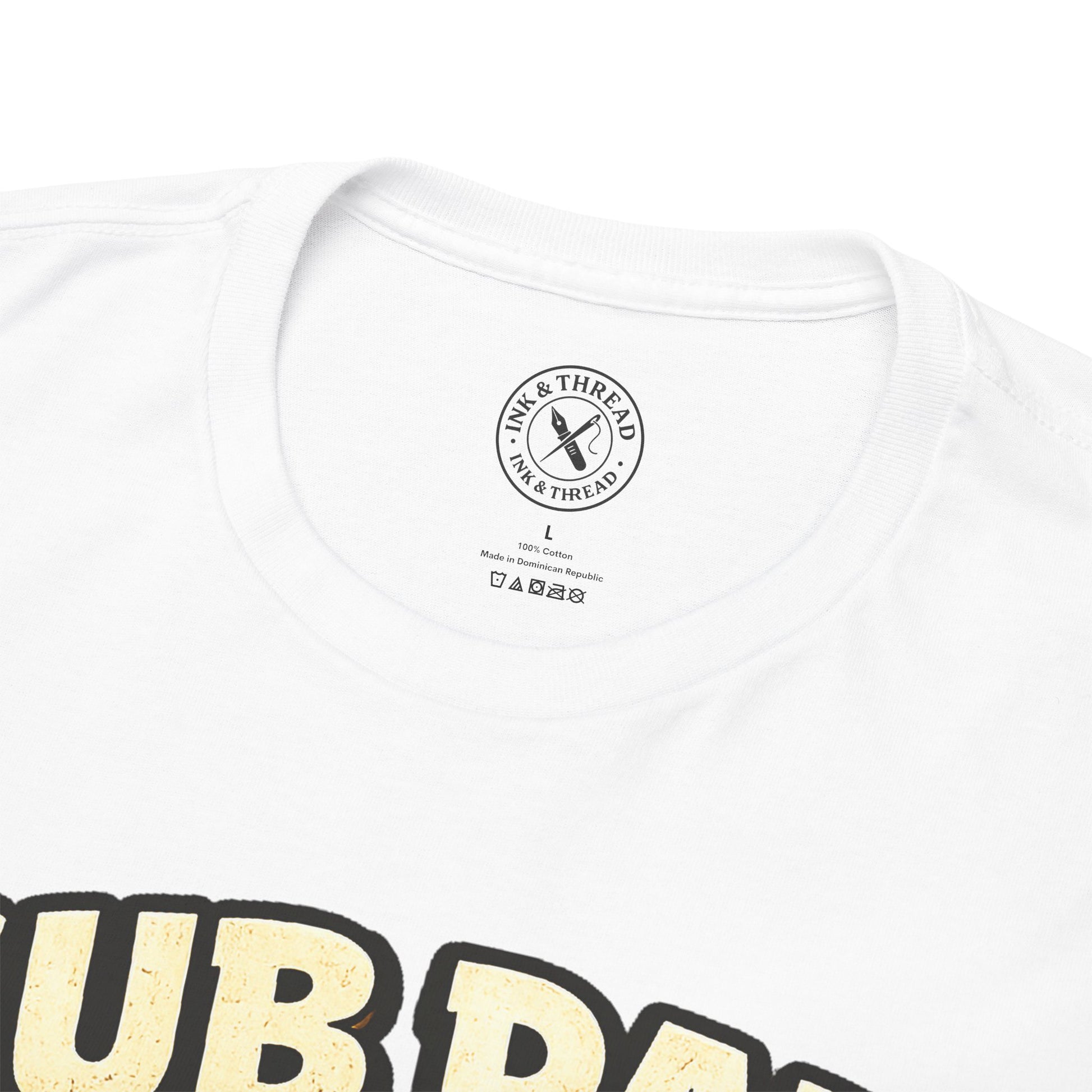 White t-shirt with a brand logo on the chest area