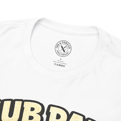 White t-shirt with a brand logo on the chest area