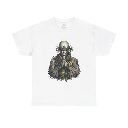 White t-shirt with a graphic design of a person wearing a helmet and fur coat on a white background