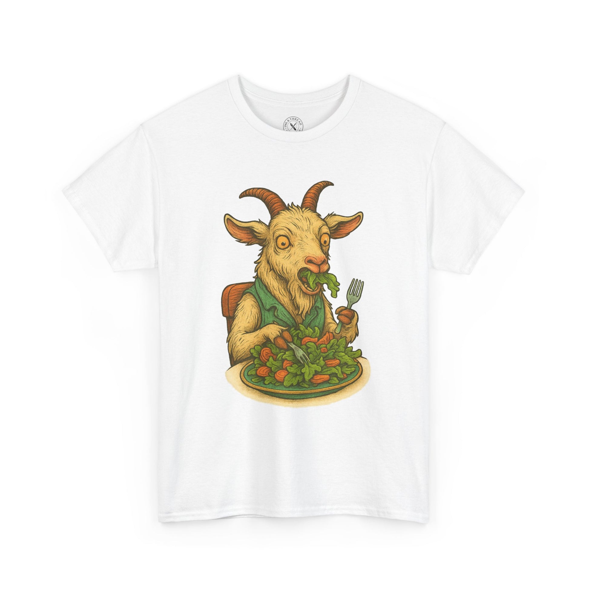 White t-shirt with a graphic of a goat eating salad on a white background