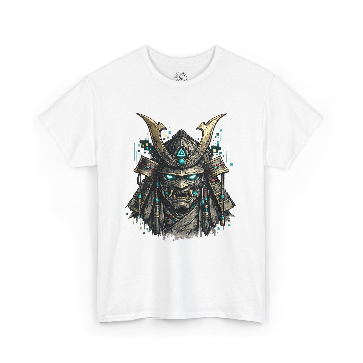 White t-shirt with a graphic of a samurai mask on a white background