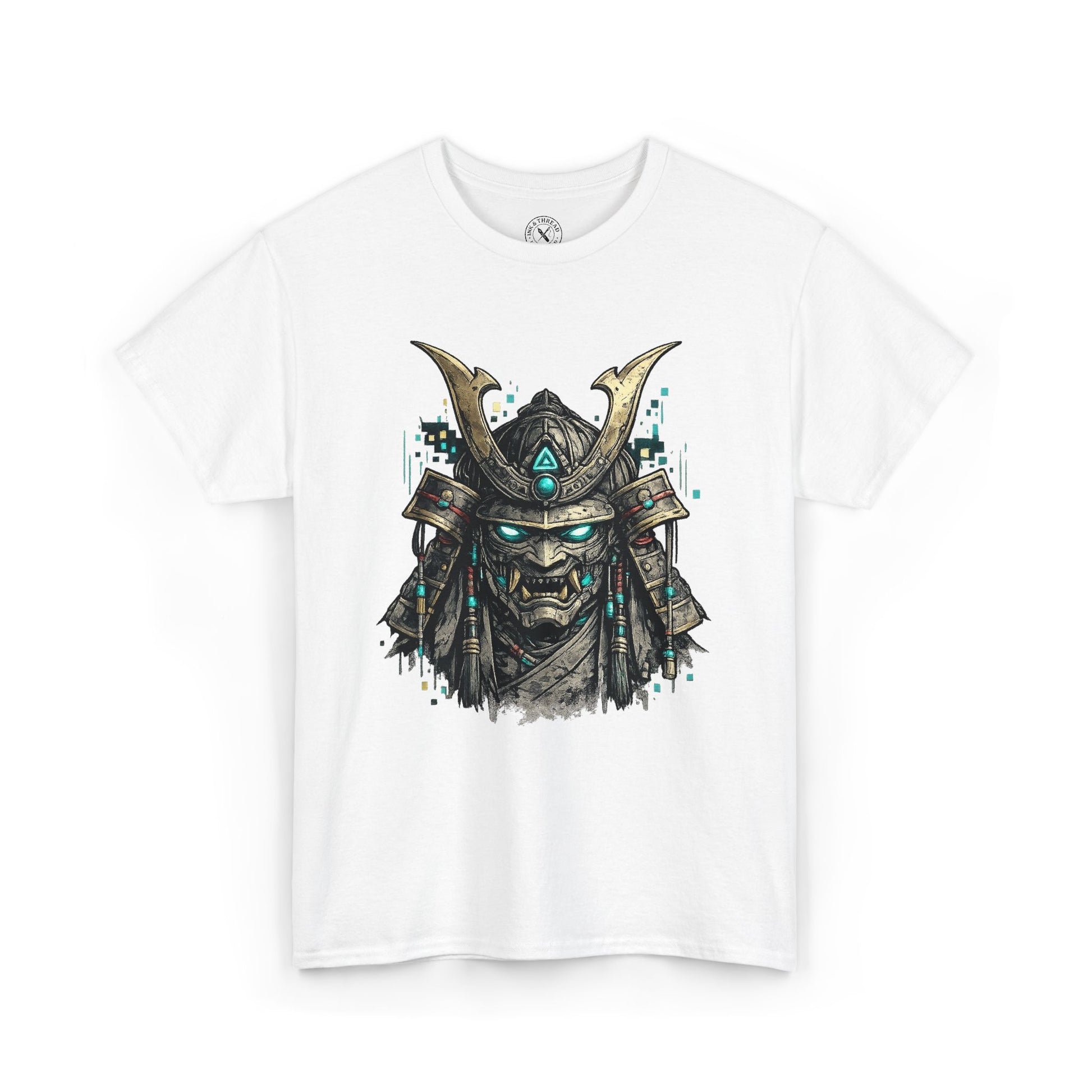 White t-shirt with a graphic of a samurai mask on a white background