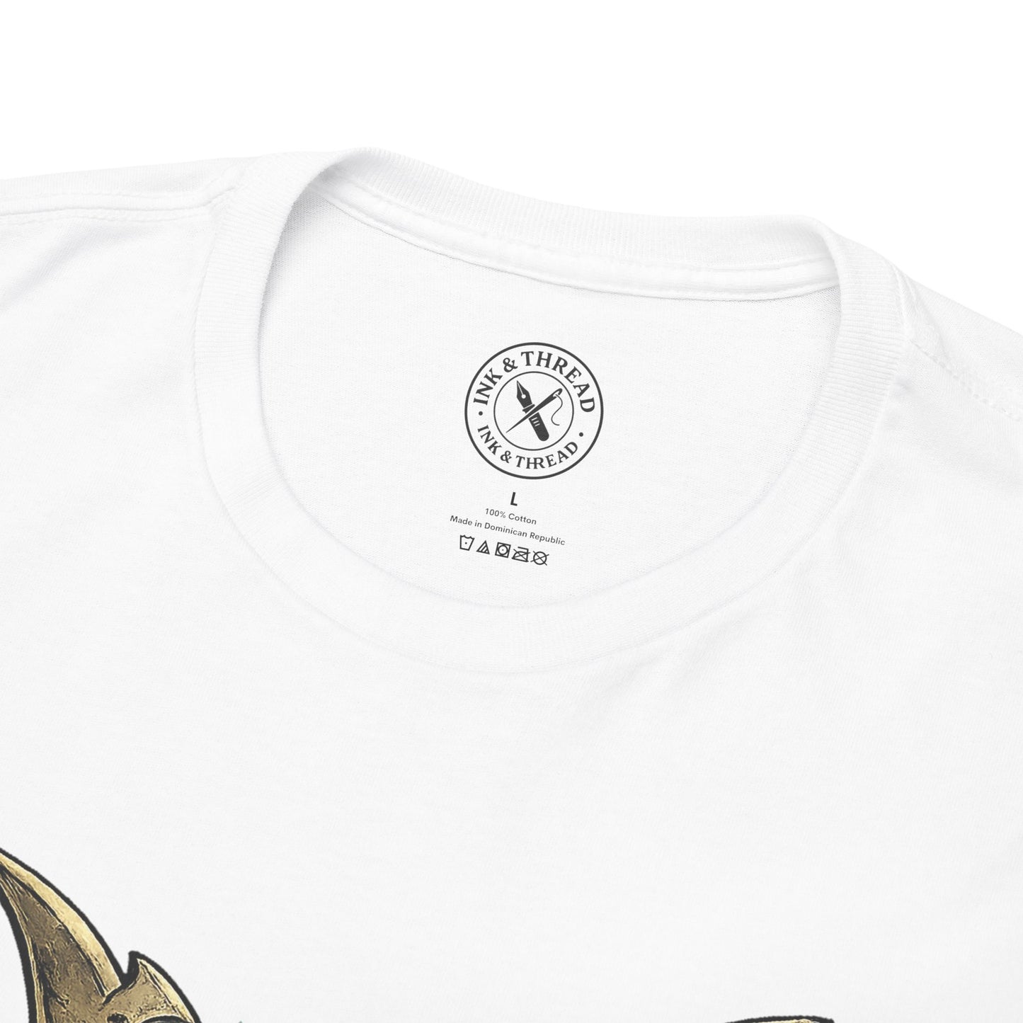 White t-shirt with a brand logo on the chest against a white background