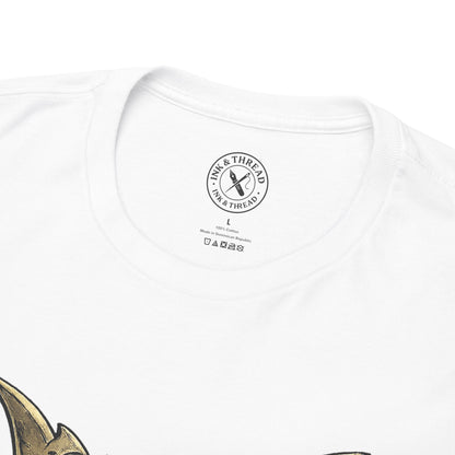 White t-shirt with a brand logo on the chest against a white background