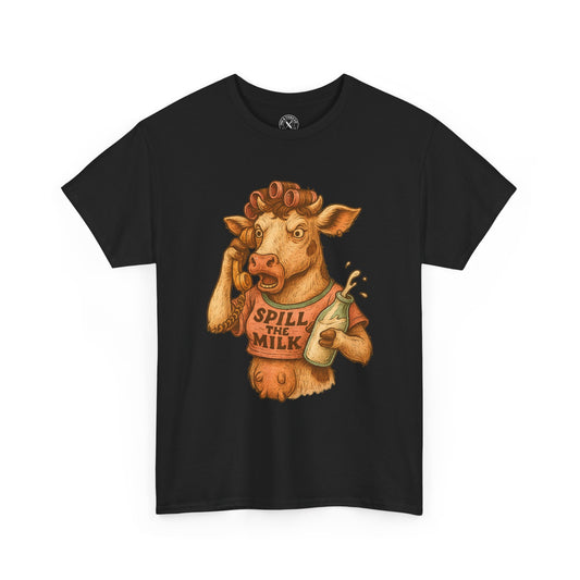 Black t-shirt with a cow graphic holding a bottle labeled 'Spill the Milk' on a white background