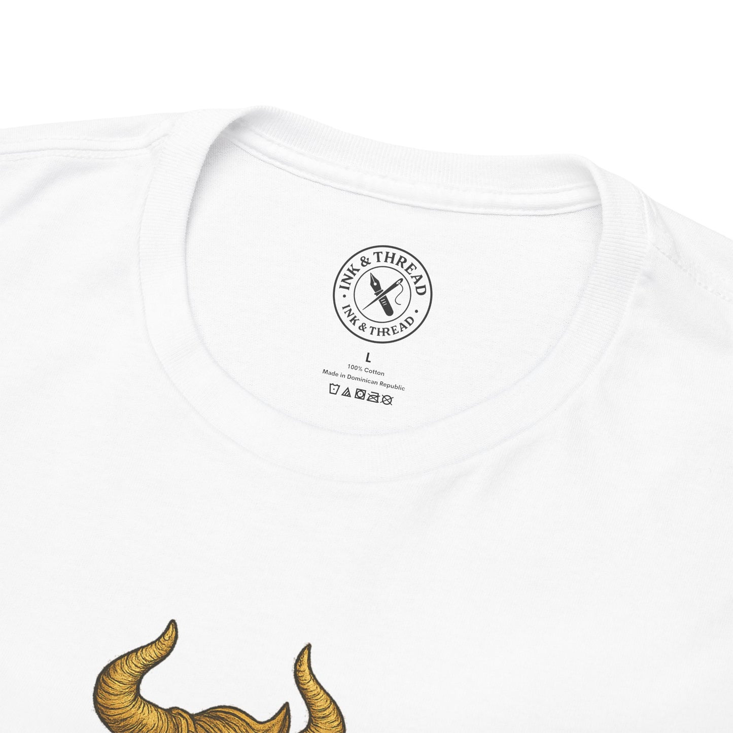 White t-shirt with yellow ram horns design and 'Ink & Thread' logo on a white background