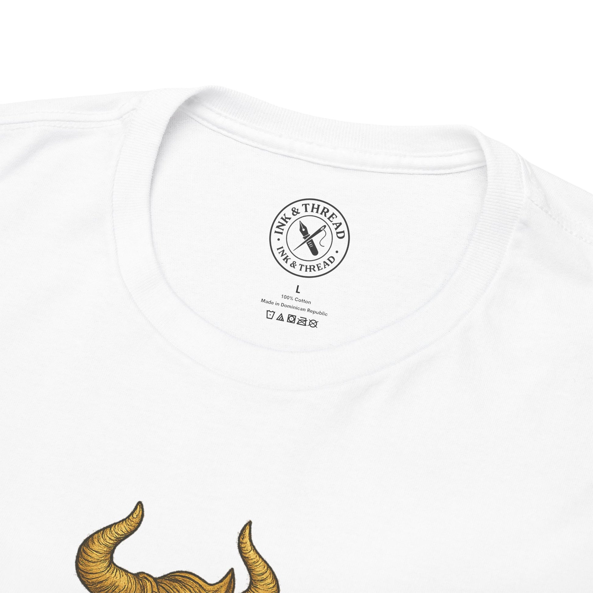 White t-shirt with yellow ram horns design and 'Ink & Thread' logo on a white background