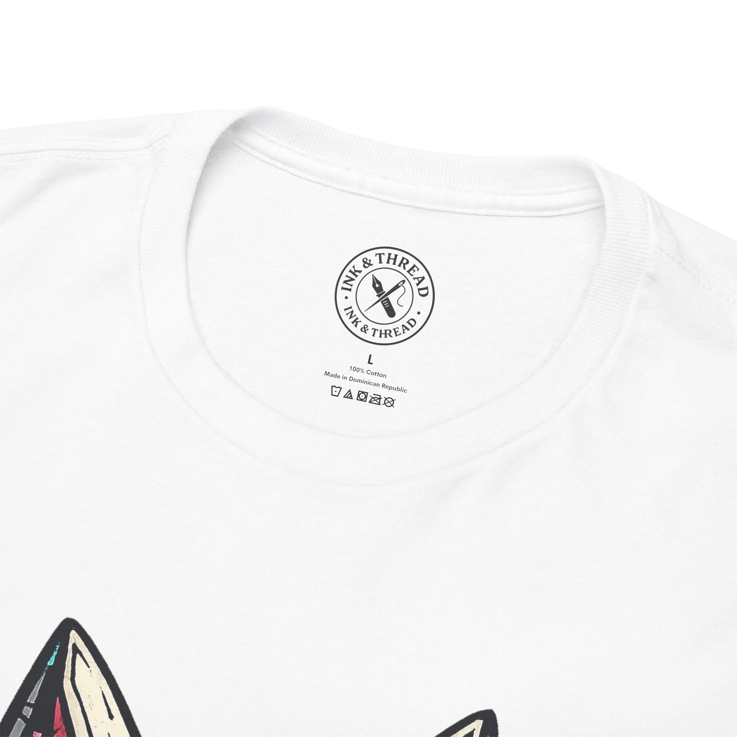 White t-shirt with a brand logo on a white background