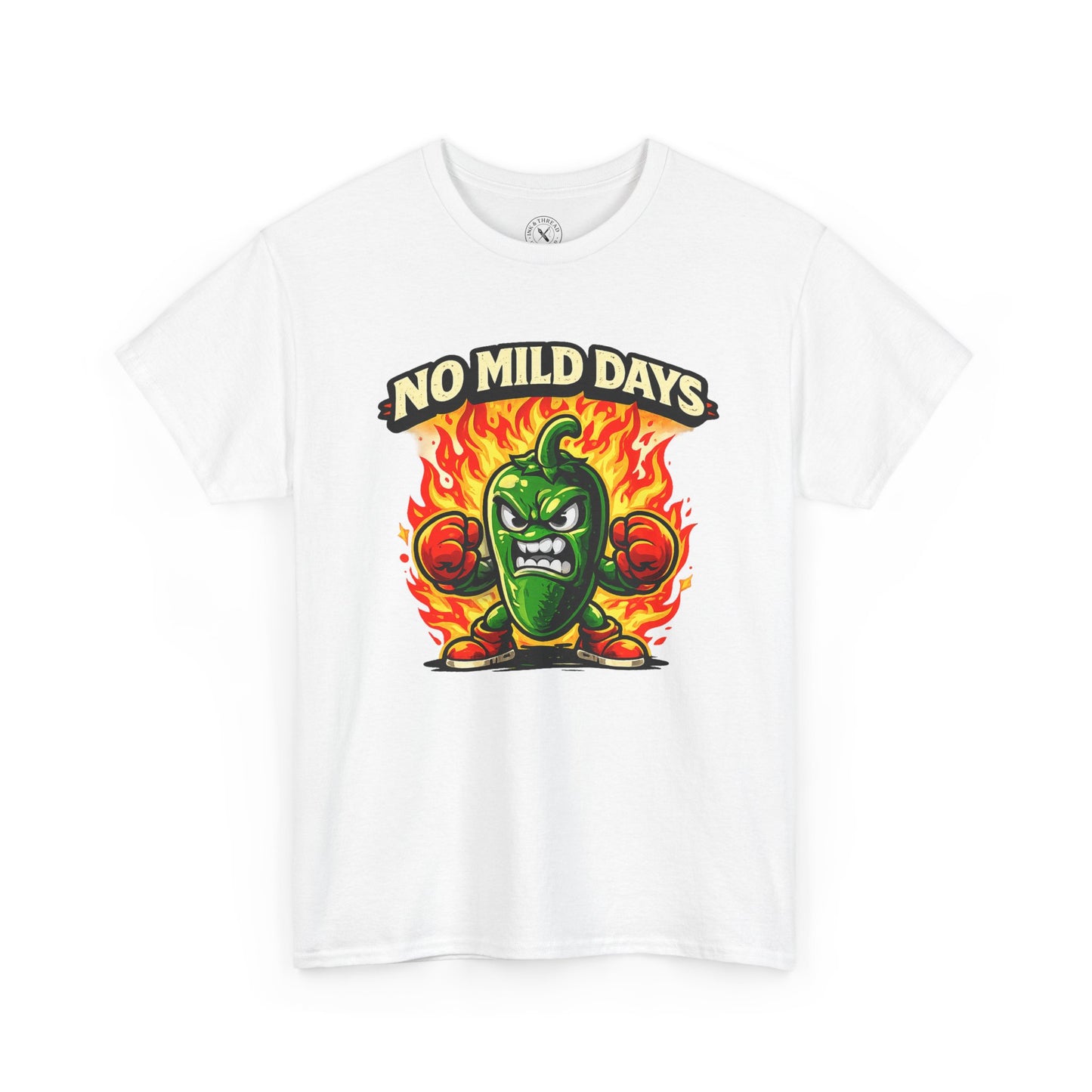 White t-shirt with a green pepper graphic and 'No Mild Days' text on a white background