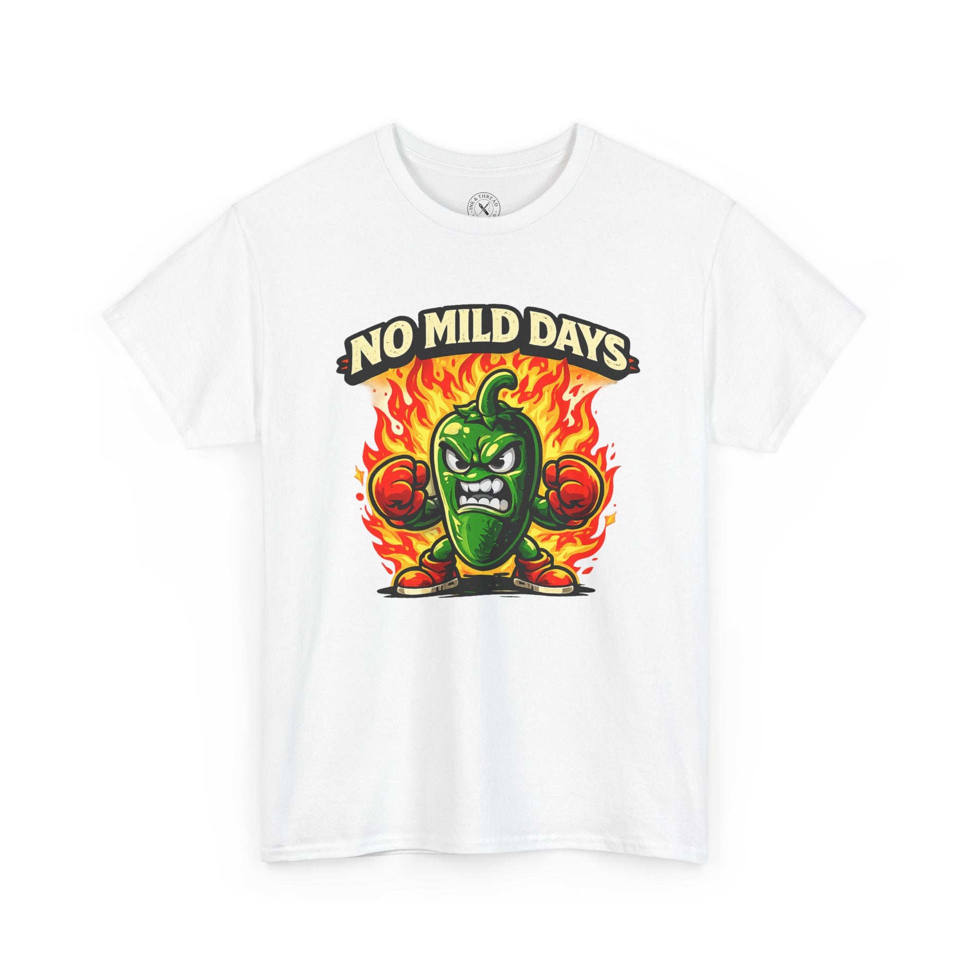 White t-shirt with a green pepper graphic and 'No Mild Days' text on a white background