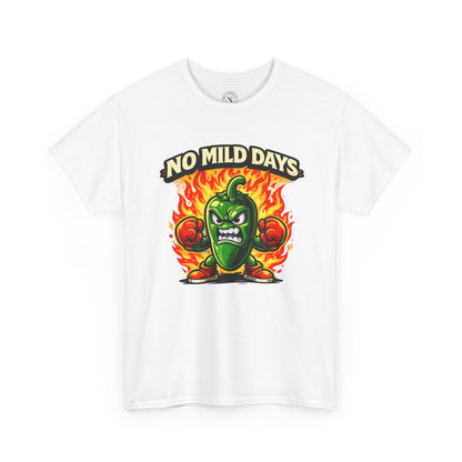 White t-shirt with a green pepper graphic and 'No Mild Days' text on a white background