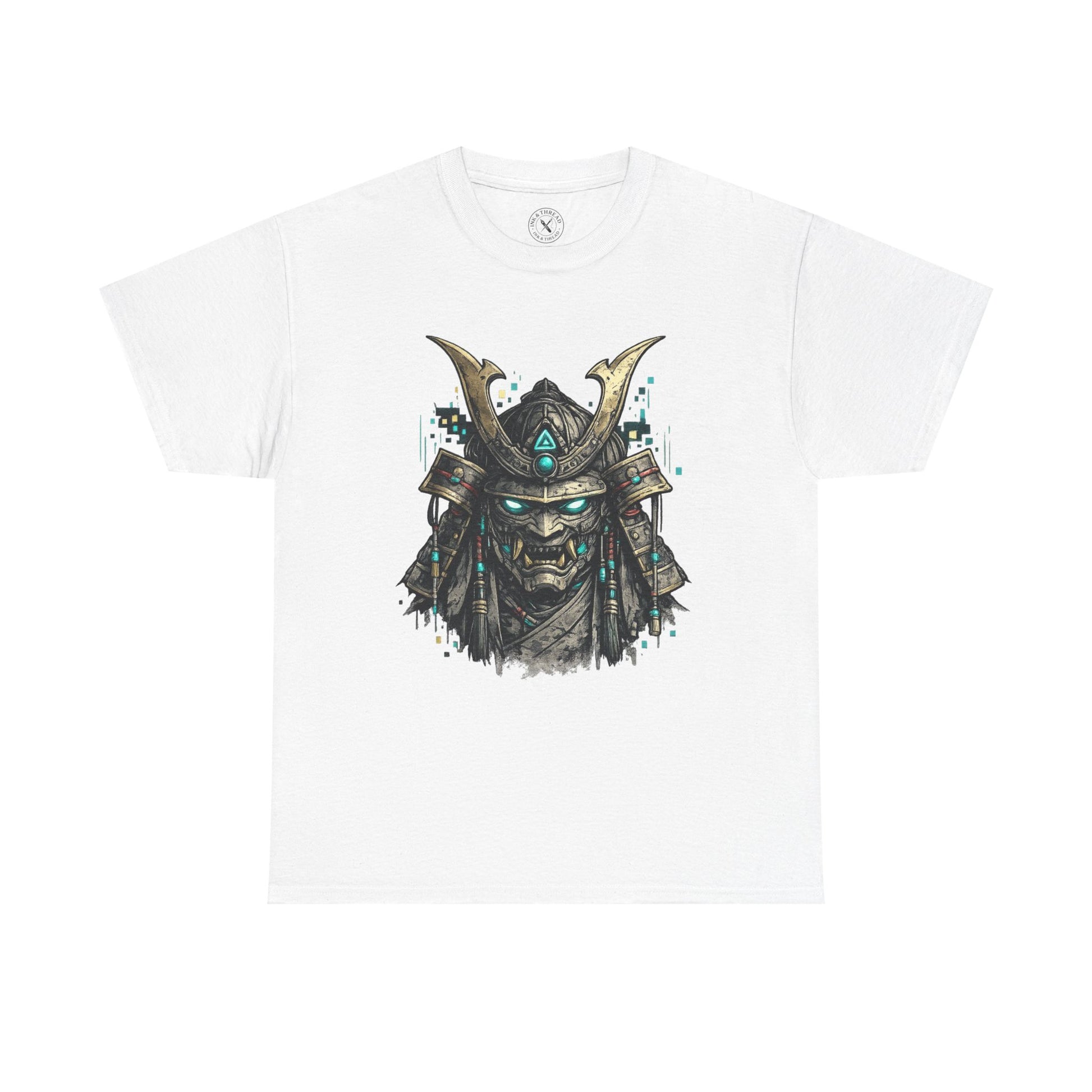 White t-shirt with a graphic of a warrior's mask on a white background