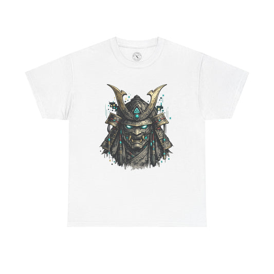 White t-shirt with a graphic of a warrior's mask on a white background