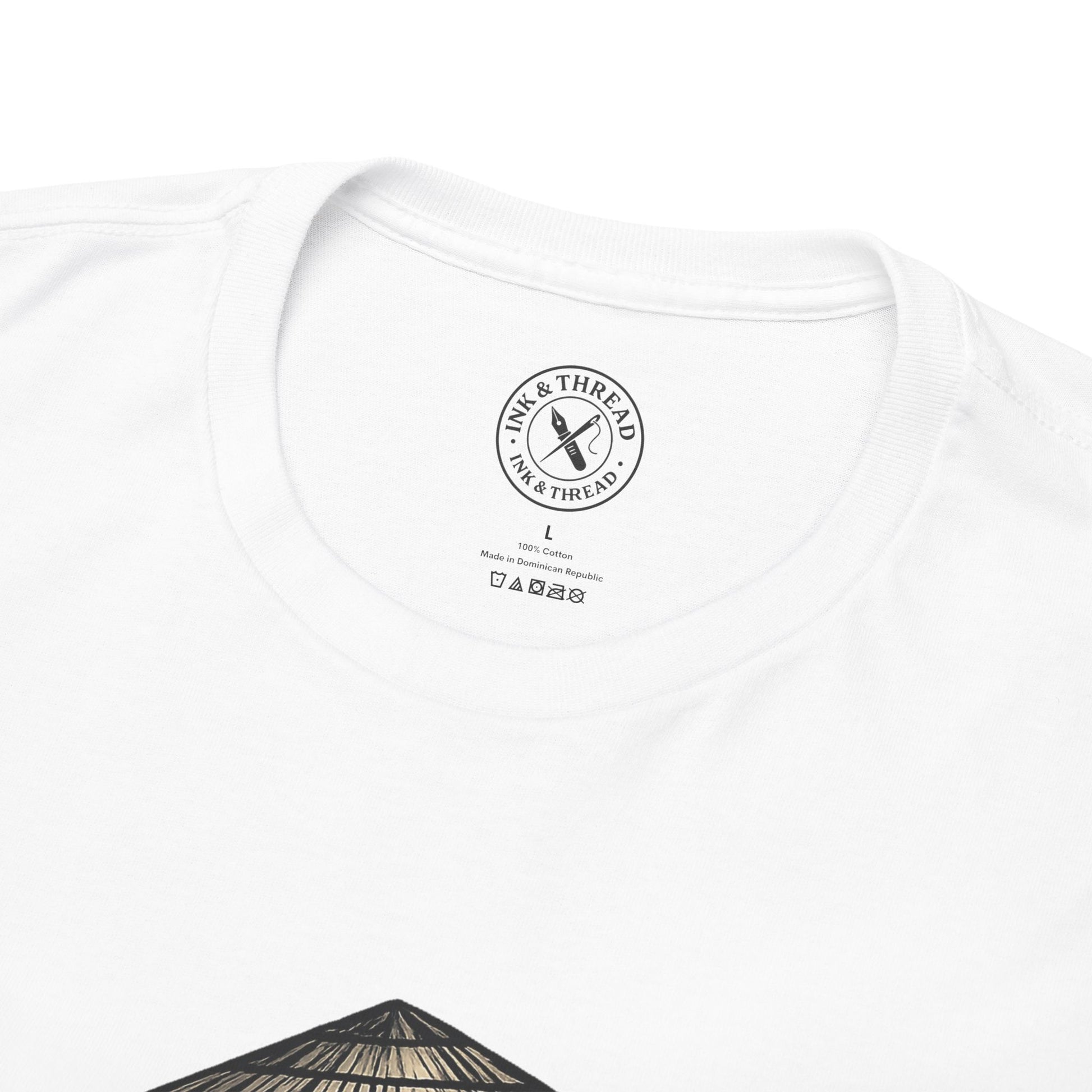 White t-shirt with a logo and text on a white background