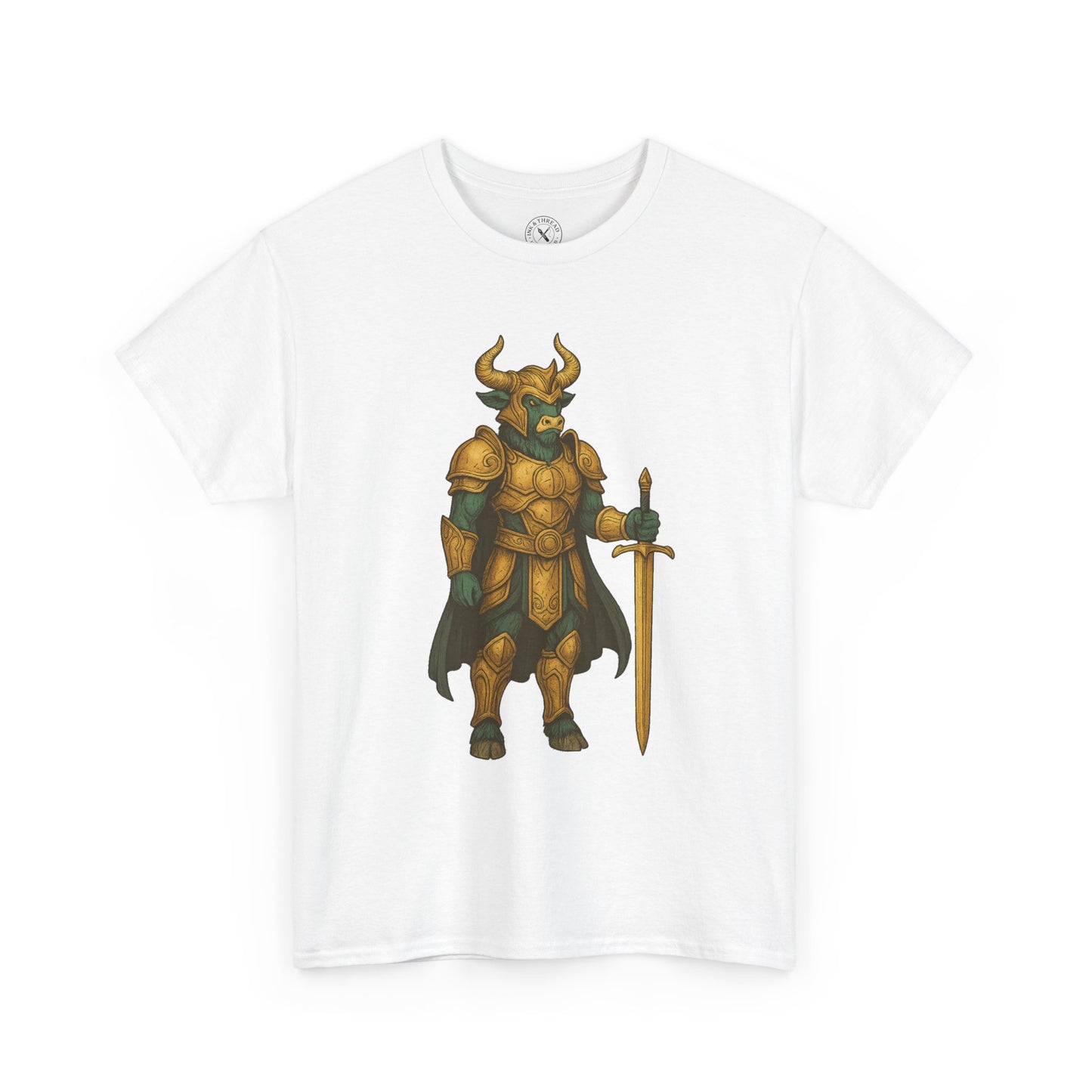 White t-shirt with a fantasy warrior design on a white background