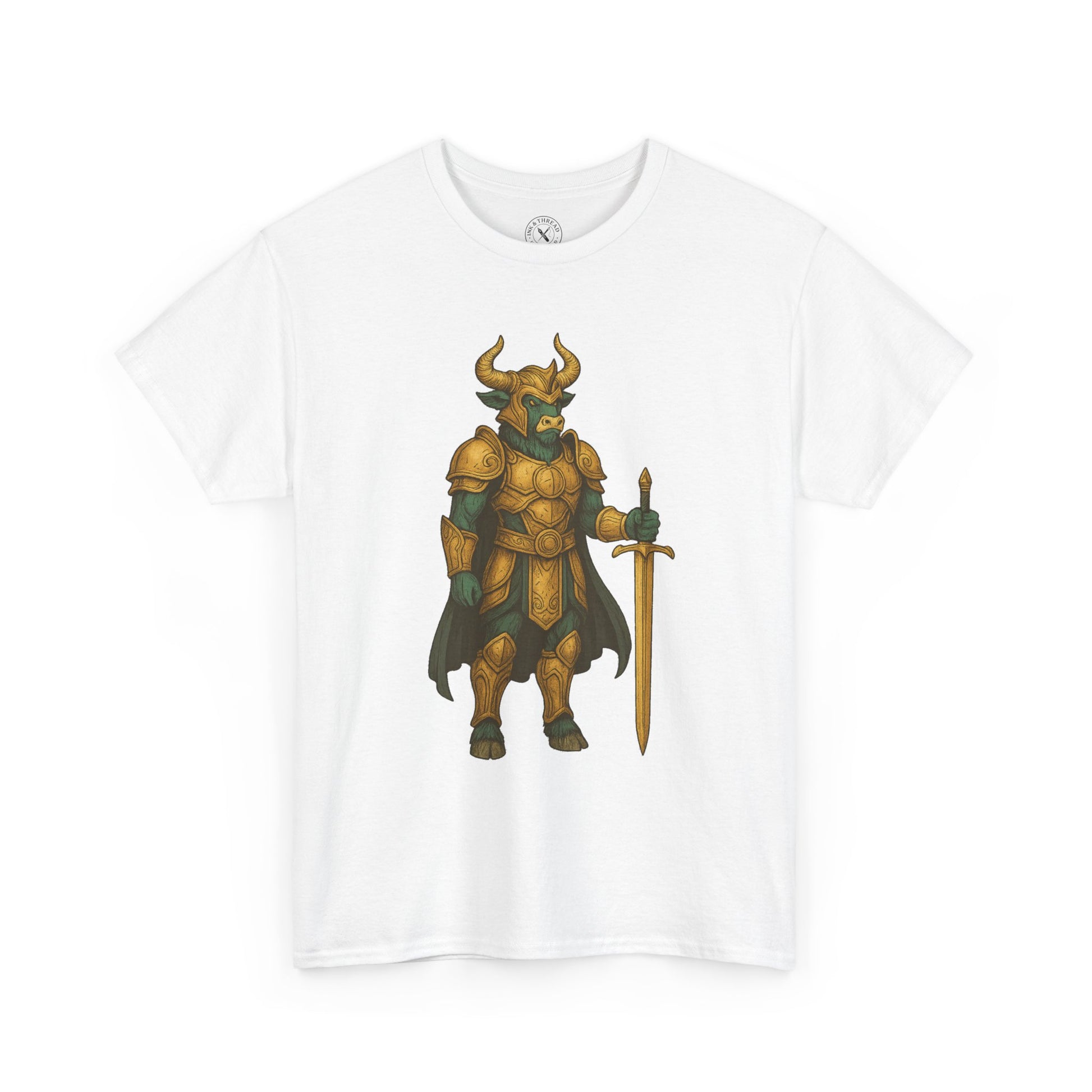 White t-shirt with a fantasy warrior design on a white background