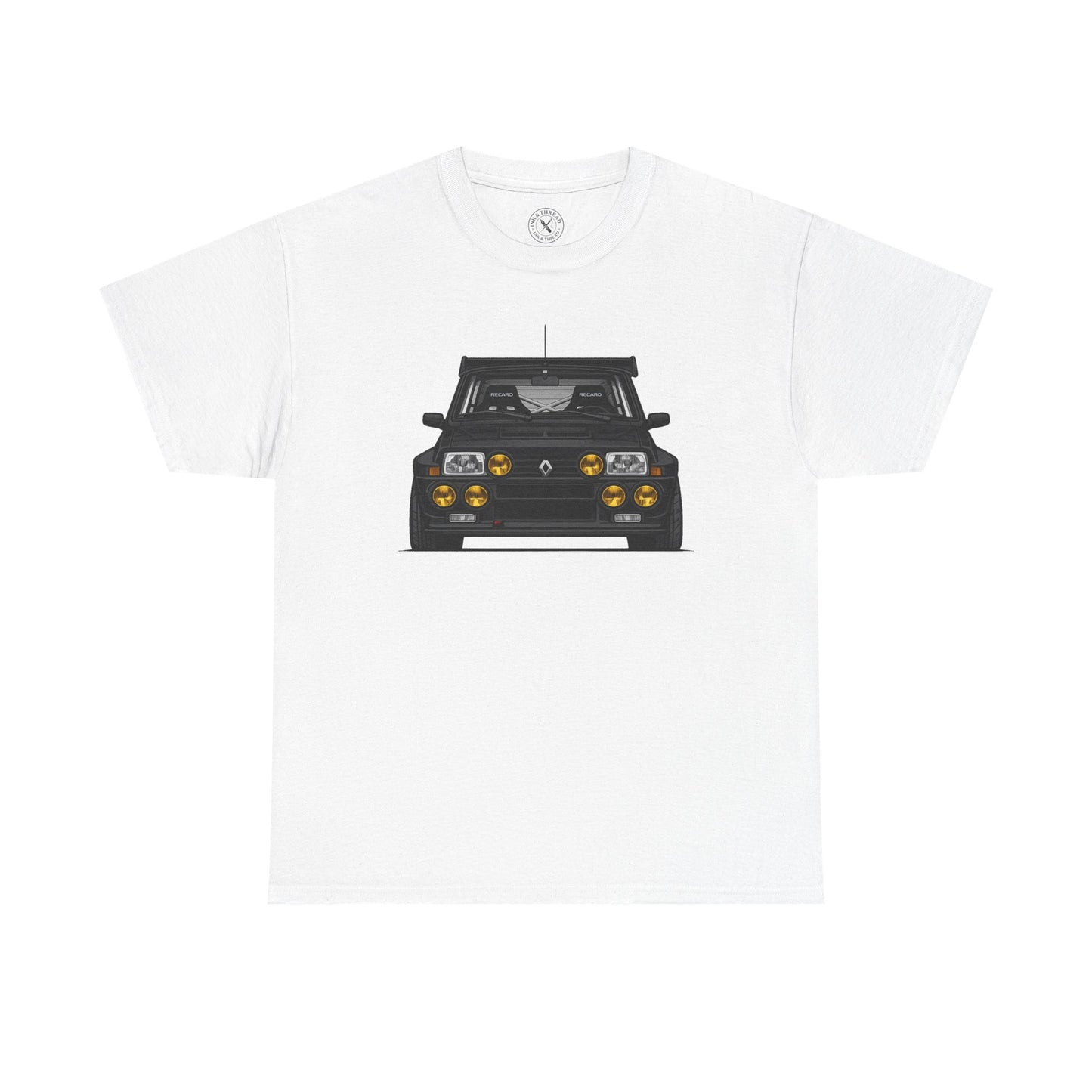 White t-shirt with a black car graphic on a white background