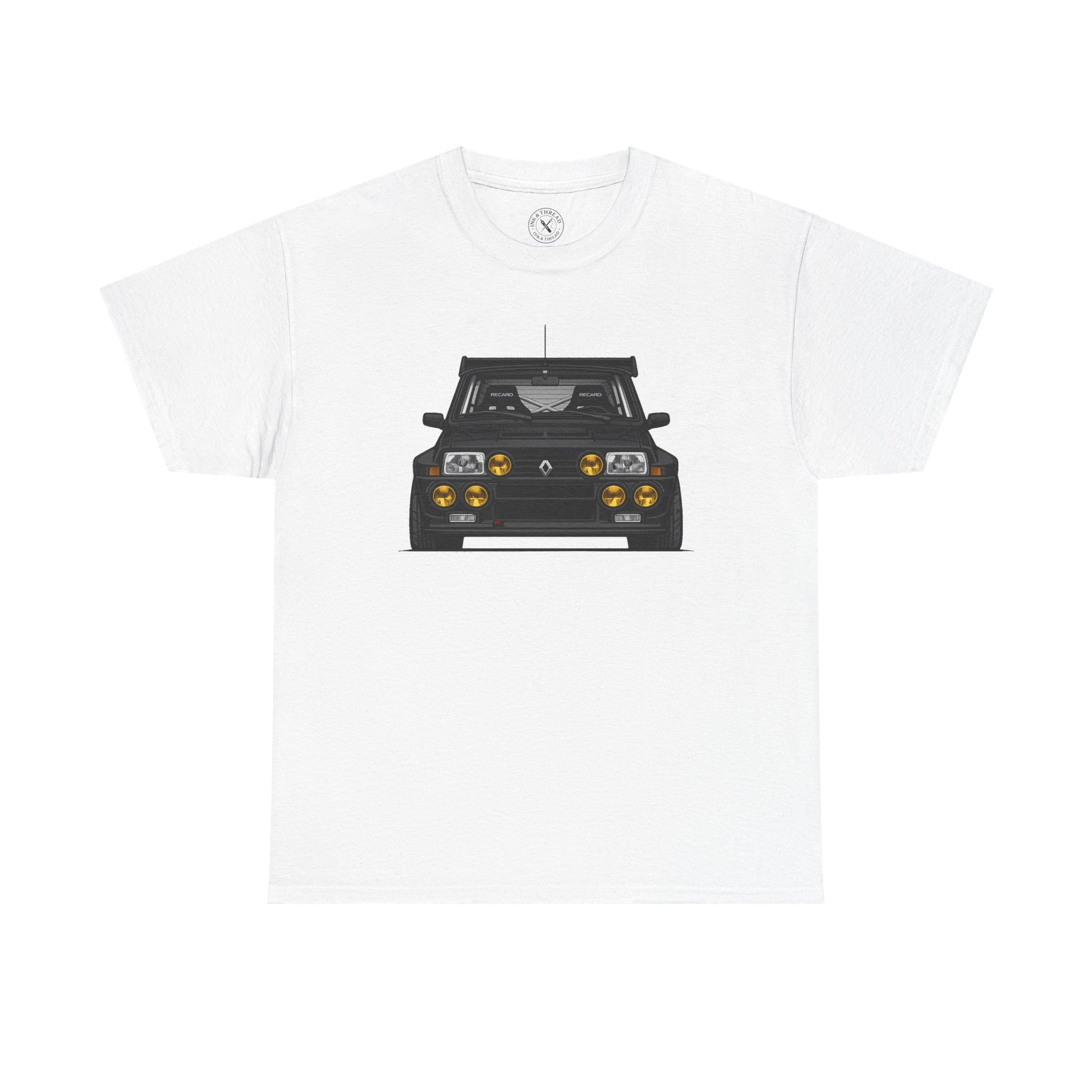 White t-shirt with a black car graphic on a white background