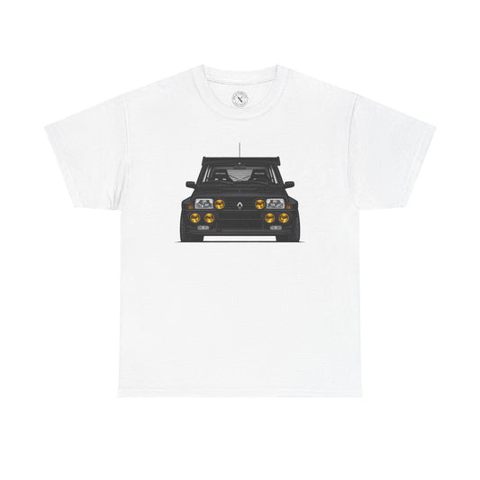 White t-shirt with a black car graphic on a white background