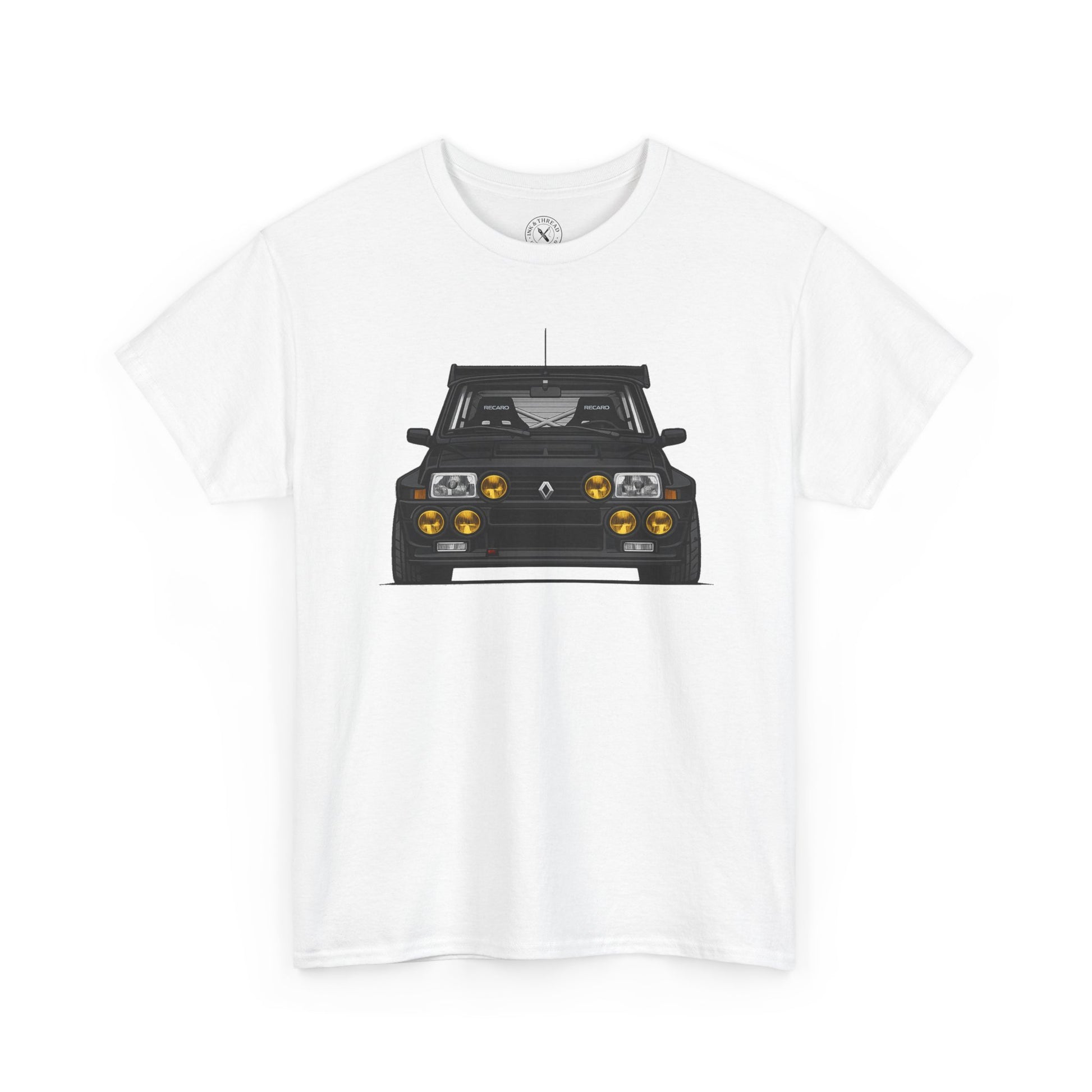 White t-shirt with a black car graphic on a white background