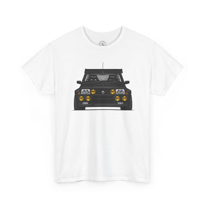 White t-shirt with a black car graphic on a white background