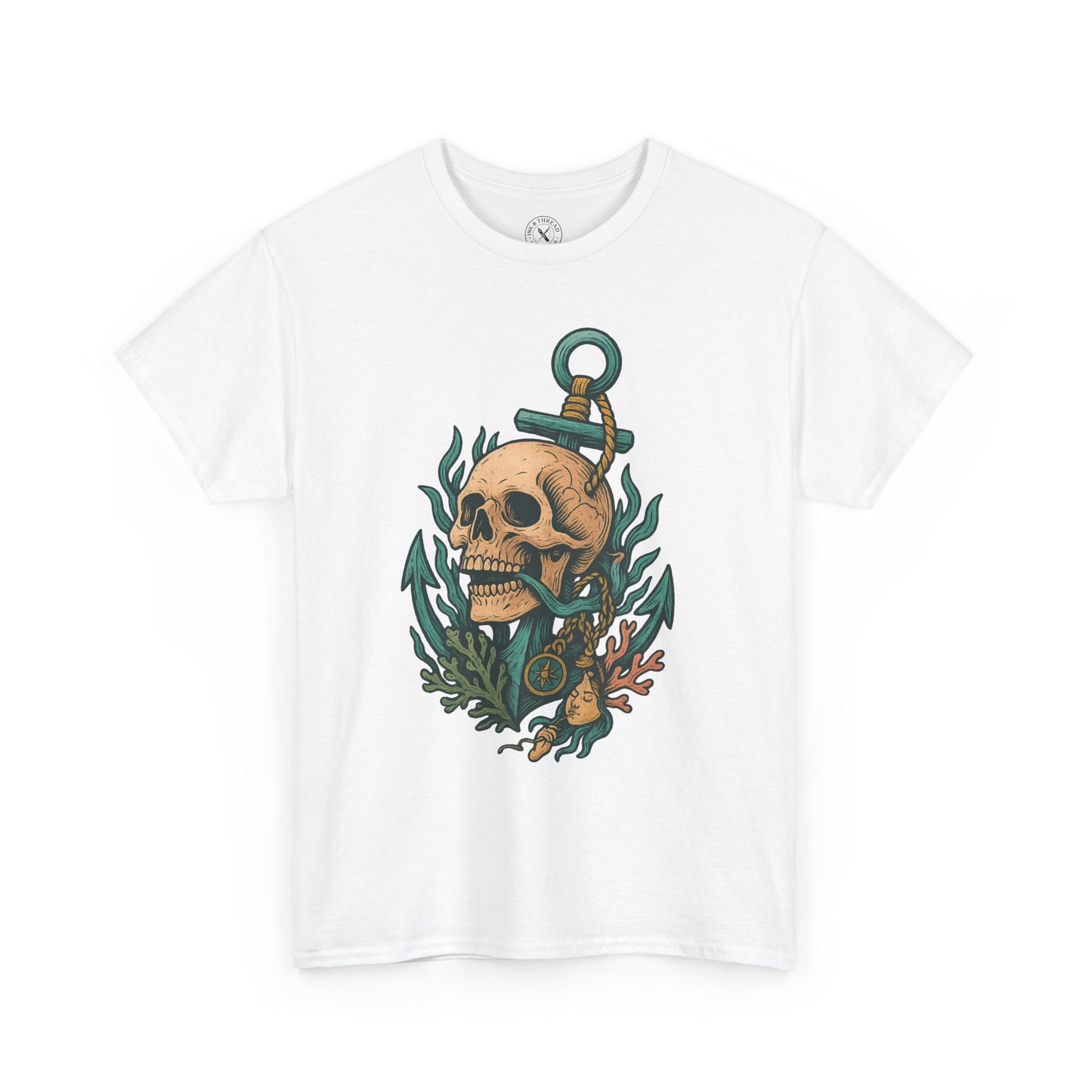White t-shirt with a skull and anchor design on a white background